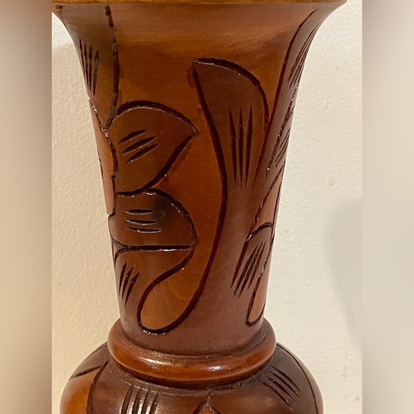 Vintage Hand Carved Wooden Pedestal Vase With Flower/Leaf Design 9” - Picture 4 of 11